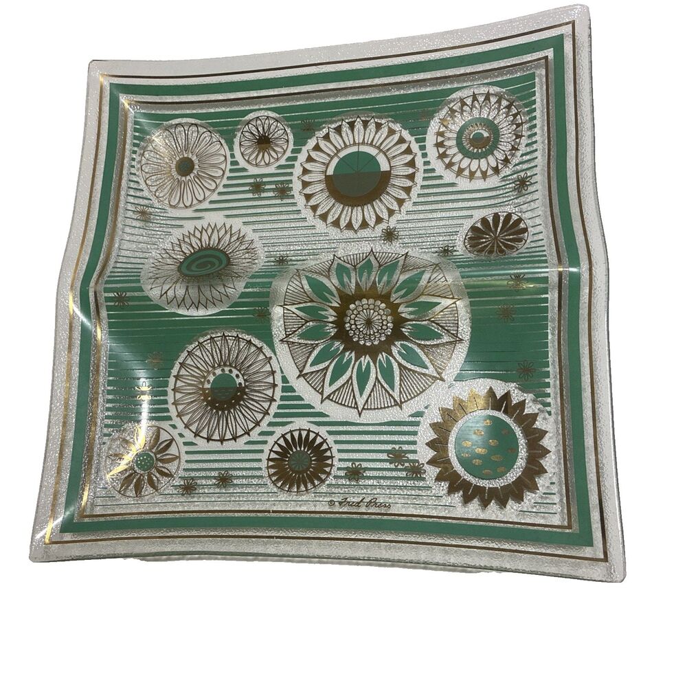 Rare Vintage FRED PRESS Glass Platter MCM - 1950s Barware/Divided Appetizer